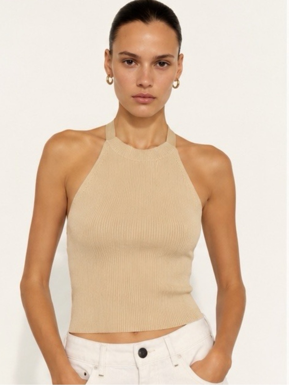 Zara‎ Neutral Ribbed Knit Halter Tank Clean Girl Coastal Chic Top